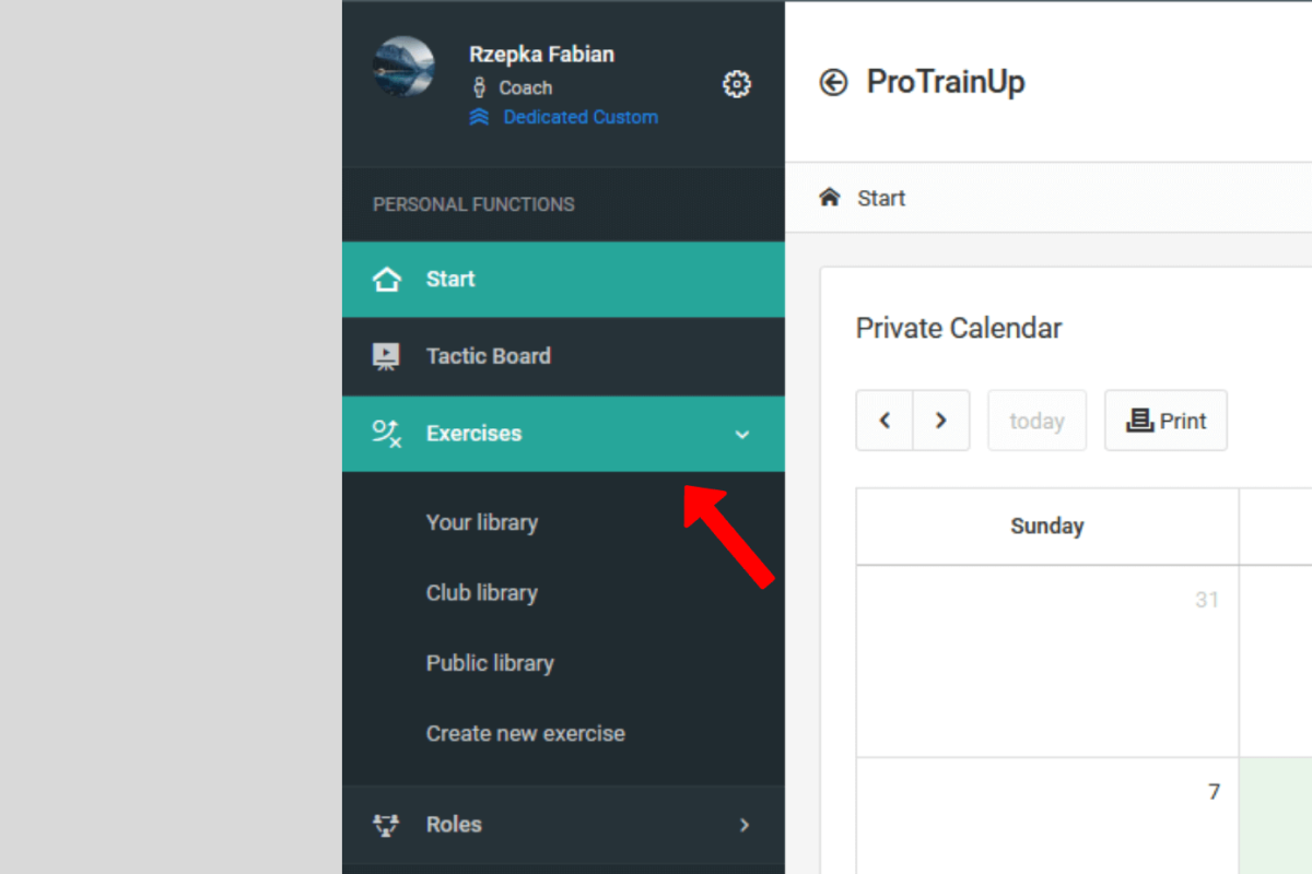 Exercise library in menu