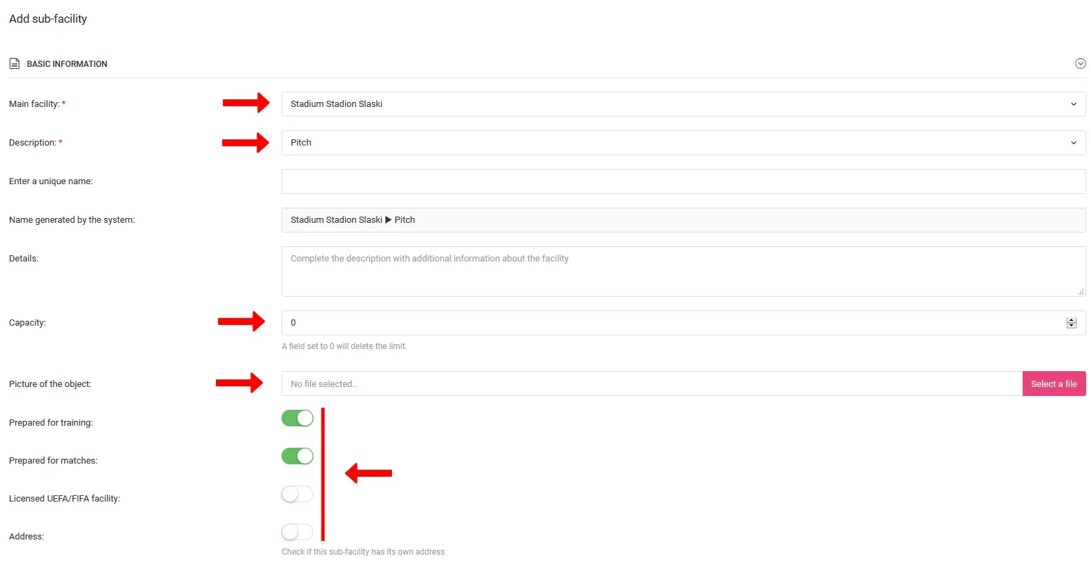 Add sub-facility form