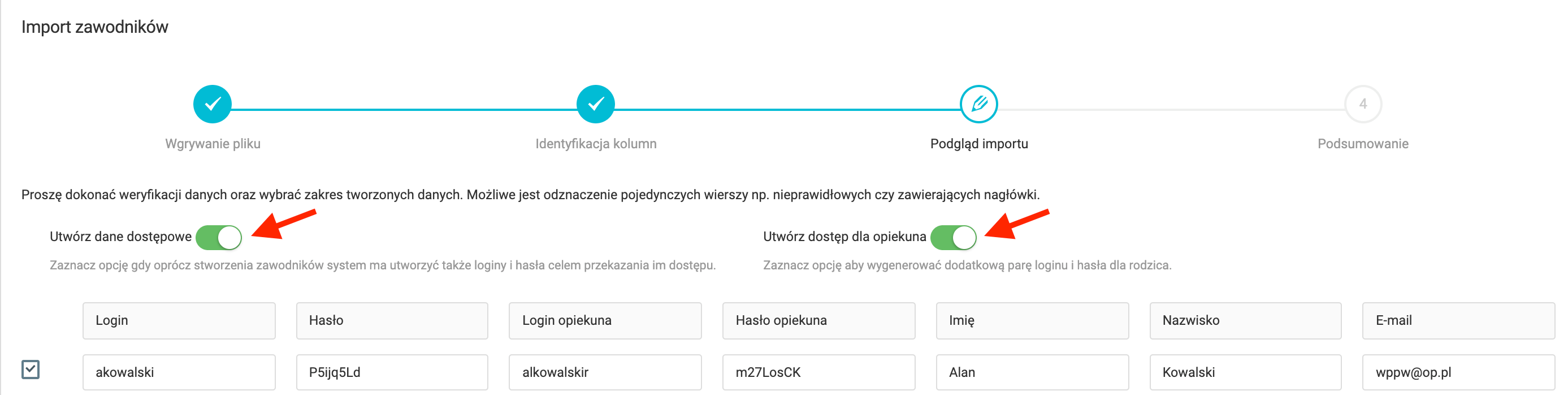 Opcje importu